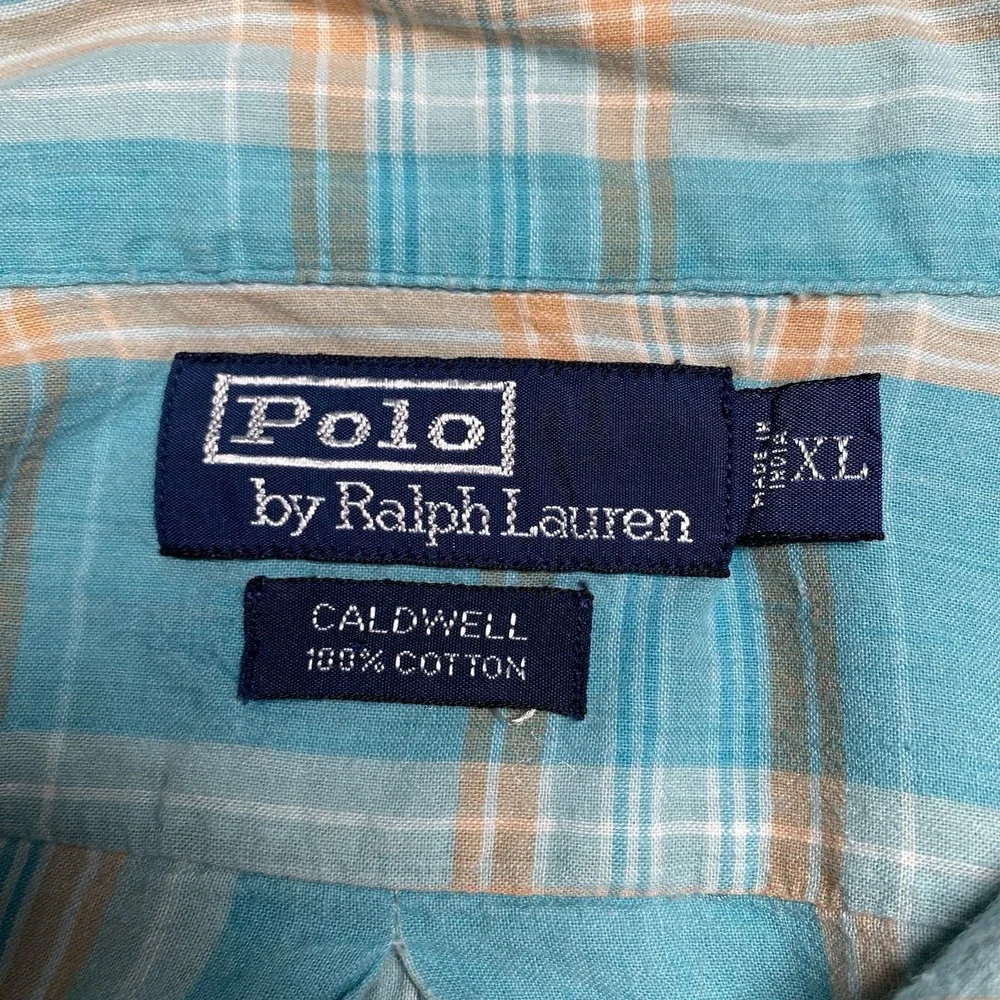 Polo by Ralph Lauren Caldwell Madras Camp Shirt XL Loop Collar Blue Orange Plaid
